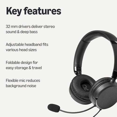 Image of Amazon Basics On Ear Wired Computer Headset with Adjustable Microphone, 3.5mm Port or in-Line Control with USB-A Port, Foldable, Clear Sound, Small /Medium Size, Black (Pack of 2)