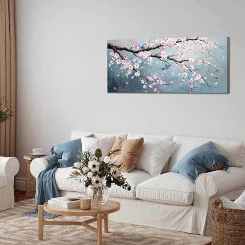 VANSEEING Cherry Blossom Wall Art Canvas Prints Birds on the Tree Branch Pink Flower Oil Painting Modern Artwork Large Wall Decor for Office Living Room Bedroom Home 48L x 20W by VANSEEING - Used condition - Image 3