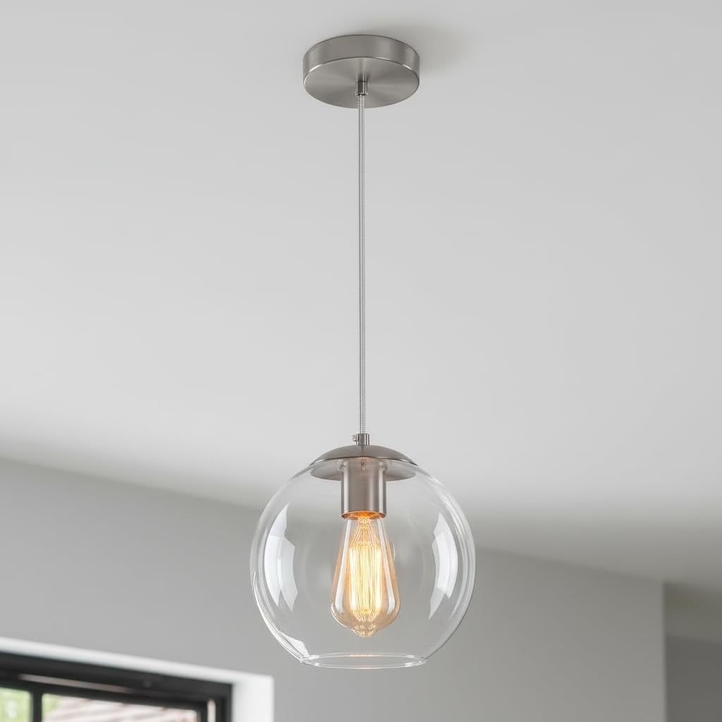 Globe Pendant Light, Modern Hanging Lighting Fixture, Classic Cluster Chandelier with Clear Glass Shades(Brushed Nickel, 1 Lights, 4.7 Inch)