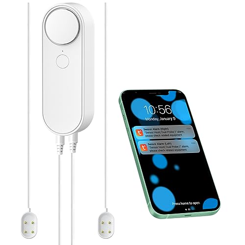 WiFi Water Leakage Detector with Dual Probe, Smart Water Sensor Alarms, Separated 2M Dual Detection Line, Left and Right Dual Alarms, Remote App Monitoring, Dual Alerts, AAA Battery Operated
