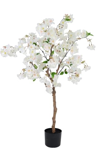 Image of 4FT Cherry Blossom Artificial Tree, Realistic White Plant in Pot for Indoor Garden, Office, Wedding, Party & Hotel Decor