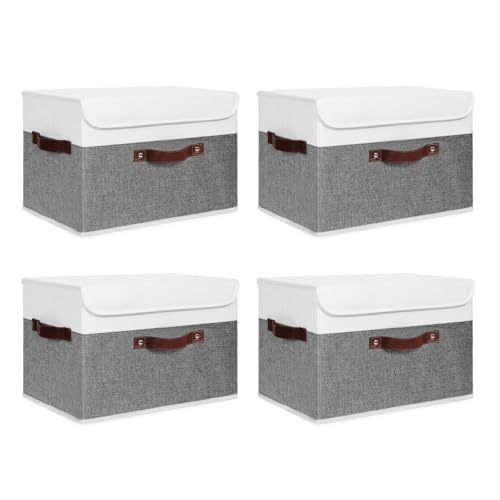 ANMINY Fabric Storage Box Bins with Lids, Gray White, 15"x10"x10", 4 Pack