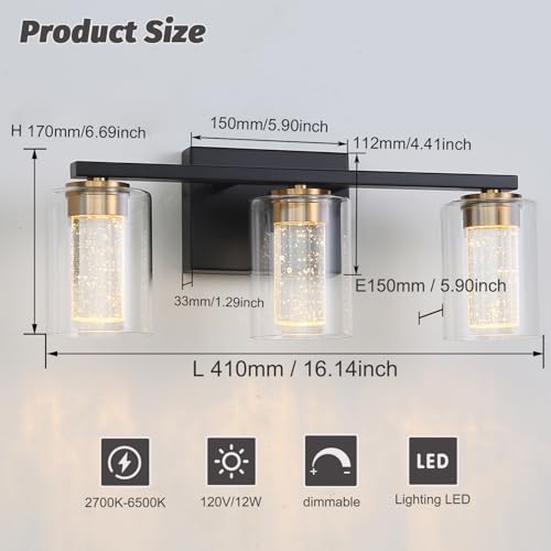 Image of 3-Light Black Bathroom Light Fixture, Dimmable 5CCT Black and Gold Bathroom Vanity Lights, 2700K to 6500K Modern Crystal Bubble LED Wall Sconce Over Mirror with Clear Glass