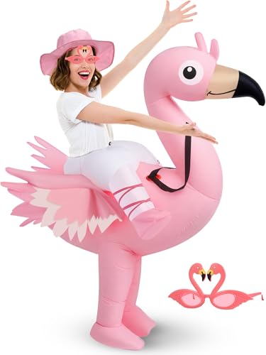 Geiserailie Inflatable Flamingo Halloween Costume for Adults, Funny Ride on Blow up Flamingo Outfit with Glasses, Women Men Party Fancy Dress for Halloween Party Cosplay