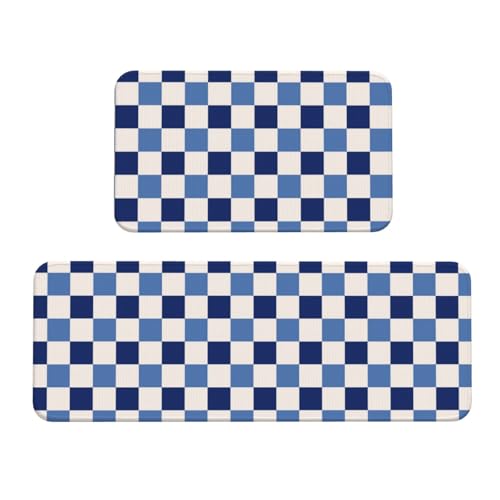 GVYGVY Antifatigue Kitchen Mats for Floor 2 Piece - Blue and White Plaid Print Kitchen Rugs Washable, Non Slip Runner Rug Standing Mat for Office/Bathroom/Laundry/Home Decor and Accessories