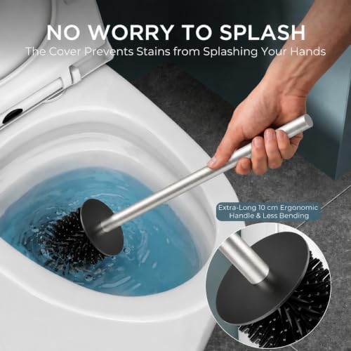Image of FORIOUS Stainless Steel Toilet Bowl Brush Scrubber and Holder Set Short | Brushed Nickel, Extended Handle, Removable Inner Bowl, Fixed Splash Guard, Steel Joint, Anti-Scratch Bristle, for Bathroom RV