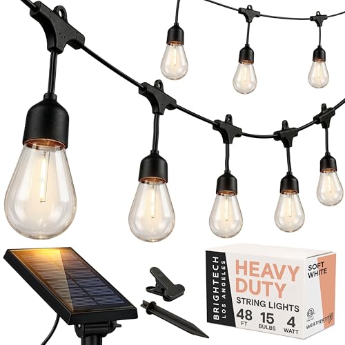 Brightech Ambience Pro - 48 Ft Waterproof Solar Power Outdoor String Lights - 1W LED Hanging Edison Bulbs Create Bistro Ambience in Your Yard - Commercial Grade Shatterproof - 15 Lights Soft White