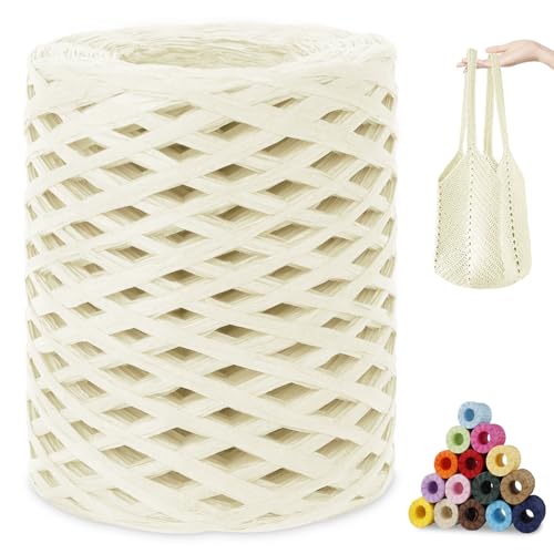 CAMAL Raphia à Crocheter, 200m Rafia Naturel Fil de Rafia Crochet pour Sac, 3mm Fil de Raphia Papier pour Crochet DIY Artisanat, Parti Chapeau, Bouquet De Mariage (Blanc Lait)