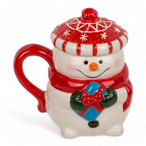 MIK funshopping Tazza natalizia, tazza in ceramica di alta qualità con design natalizio, ideale per bevande calde e fredde, pupazzo di neve con tappo da 300 ml