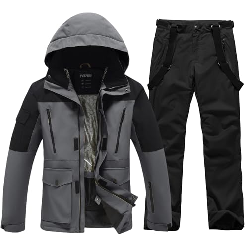 Image of ALSOGO Ski Suits for Men 2-Piece Snowboard Sets Waterproof Windproof Winter Warm Ski Jacket and Trousers Set for Skiing Snowboarding Climbing, S01-GY+Black, S