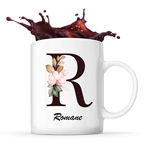 Planetee Mug Romane | Tasse prénom femme avec Lettre fleur | Idée cadeau pour anniversaire noël et fête des mères