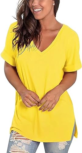 Image of Sampeel Women's V Neck T Shirts Casual Rolled Short Sleeve Side Split Summer Tops Loose Fit