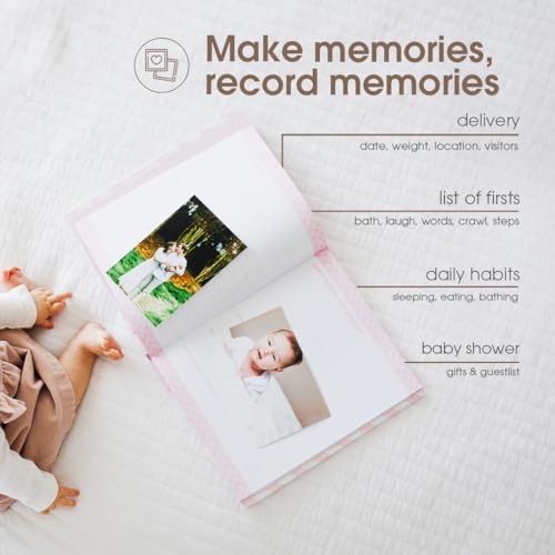 Image of Pearhead Baby Memory Book, First 5 Years Baby Milestone Book, Pregnancy Journal, Gender Neutral Newborn Keepsake, With Clean-Touch Ink Pad For Baby's Handprint or Footprint, Pink Chevron
