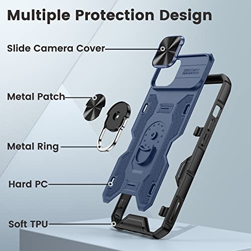 Caka Case For Iphone 13 With Camera Cover & Kickstand, Iphone 14 Case With Stand Ring Magnetic Magnet Slide Lens Protection Protective Cover Phone Case For Iphone 13 Iphone 14-Blue #TOP6