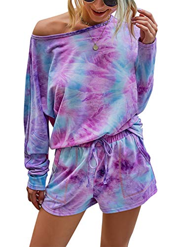 Glamaker Women's Tie Dye Printed 2 Piece Sets Oversized One Shoulder T-Shirt Tops Casual Drawstring Shorts PJ Sets Nightwear Loungewear (Medium, Tie Dye-C), Tie Dye-c, Medium