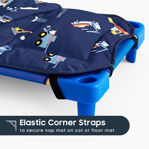 Image of Wake In Cloud - Cot Nap Mat with Pillow and Blanket, 100% Cotton Fabric, for Toddler Kids Boys Ages 3 Plus in Daycare Kindergarten Preschool with Elastic Corner Straps, Cars Cranes Trucks