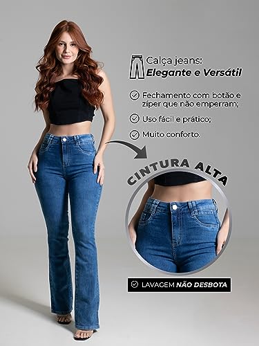 Calça Jeans Feminina Sawary Boca de Sino Flare Boot Cut Lycra Elastano Confortável Moda Feminina Rou