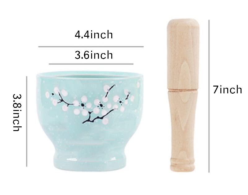 Mozacona Ceramic Mortar and Pestle Set Plum Pattern Stoneware Pill Crusher Set, Spice Herb Grinder