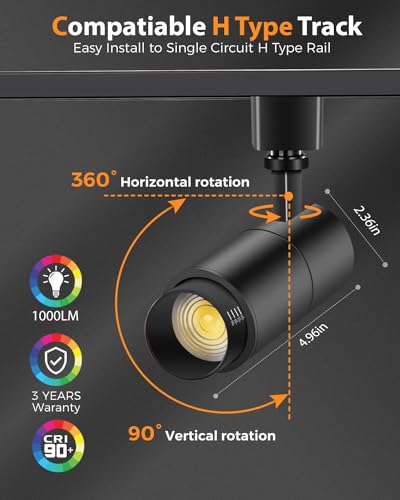 VANoopee 3-Color Zoomable 10W LED Track Lighting Heads H Type Track Light Heads Dimmable Bright Ceiling Spotlight Fixtures Accent Art, 3000K 4000K 5000K Adjustable, CRI90+ 15°-60° 1000lm Black 4 Pack