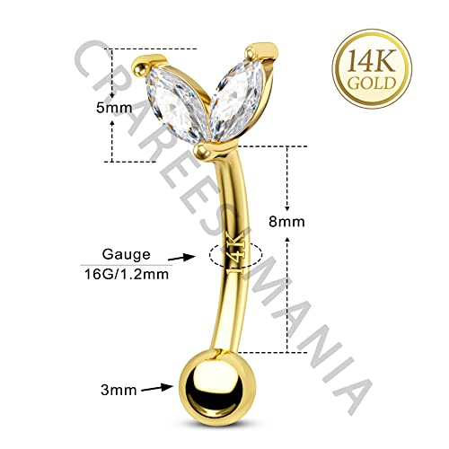Cm Crareesi Mania 14K Gold Rook Piercing Jewelry 14K Solid Yellow Gold Curved Barbell Piercing Jewelry Dainty Cz Rook Earrings 16G Rook Earrings Real Gold Eyebrow Rings #TOP2