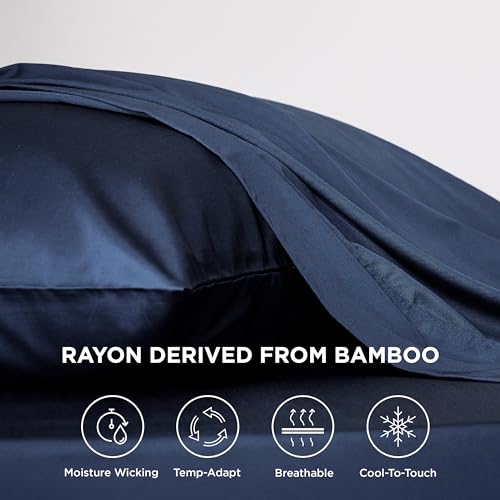 Image of Bedsure PureWoven 100% Rayon Derived from Bamboo, Twin XL Sheets, 3 Pieces | Cooling Sheets for Hot Sleepers, Breathable & Silky Soft, 16 inch Deep Pocket, Hotel Luxury Bedding, Navy