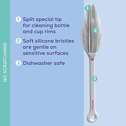 Dentistar Baby Bottle Brush - Soft Touch Baby Bottle Cleaner with Flexible Twin Tip to get Cups, Glasses and Baby Bottles Extra Clean - Food-Grade Silicone, Dishwasher Safe & BPA-Free - Grey