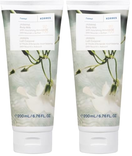 KORRES JASMINE Bodymilk con aceite de almendras nutritivo, con aroma floral de delicado jazmín, para 24 horas de cuidado y suavidad, vegano, sin siliconas ni parabenos, 200 ml (Paquete de 2)