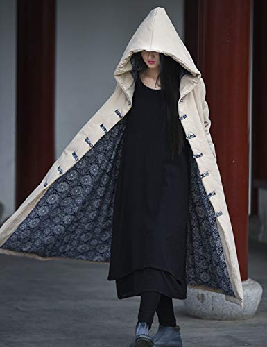 Lzjn Women's Warm Cotton Coat Hooded Contrast Color Handmade Frog Buttons Retro Witch Long Outerwear (Linen, One Size) #TOP4