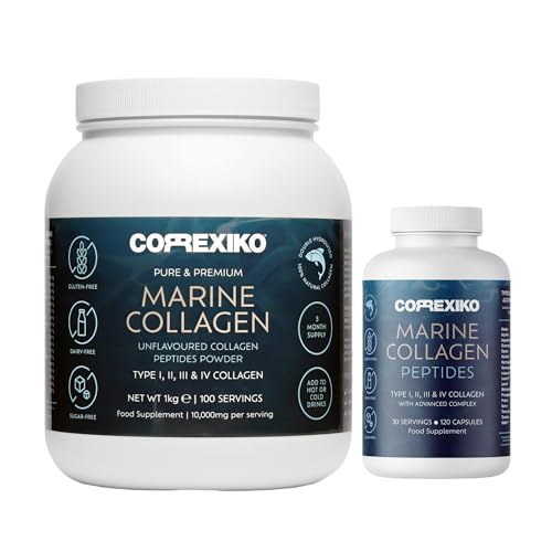 CORREXIKO Marine Collagen Supplement Tablets & Powder Bundle - Includes 10,000mg Double Hydrolyzed Collagen Powder 1kg & 2000mg Hydrolysed Collagen Peptides 120 Capsules - Hair, Skin & Nails