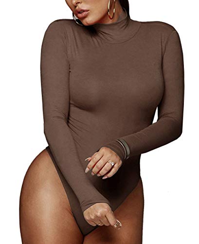 PALINDA Women's Mock Turtleneck Long Sleeve Bodysuit Leotard Stretchy Basic Layering Tops(L,Mocha)