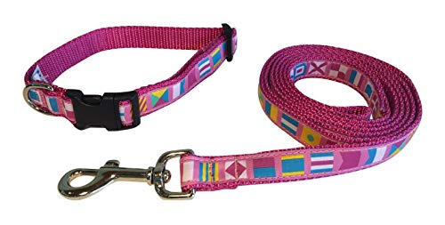Preston Nautical Code A-Z Dog Collar and Leash Set - Pink Flags Ribbon on Pink Nylon Webbing (Small)