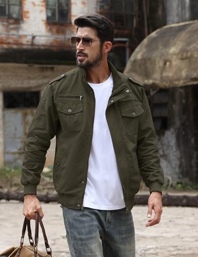 Image of TACVASEN Men's Lightweight Military Cotton Jacket Casual Windbreaker Coat | with zipper and hidden snap,stand collar,multi pockets,tactical m65 field cargo outerwear for winter & fall,utility windproof