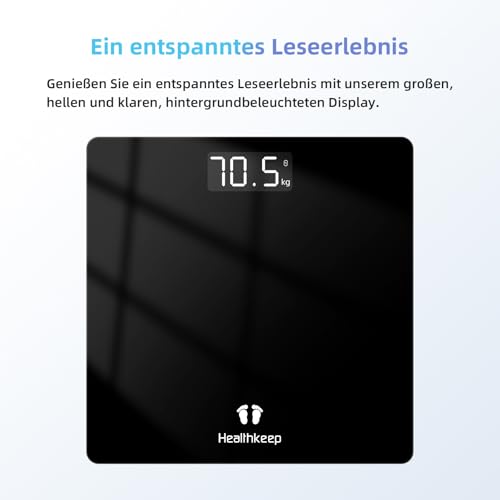 Healthkeep Personenwaage - Digital Körperwaage mit Hochpräzisions-Sensoren Tragkraft bis 180 kg, Digitalwaage mit Klare LED-Anzeig, Waage Personen aus Kompakt Siche rheitsglas 26 * 26cm-Schwarz