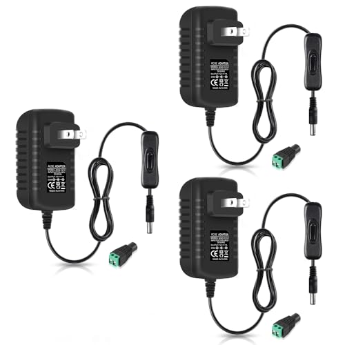 Image of 12V Power Supply, 12 Volt 1A 12W DC Power Supply with On Off Switch, Black Switching LED Power Adapter, AC 110V to 12V Transformer Plug for LED Strip Lights with 5.5 /2.1 DC Female Connector, 3 Pack