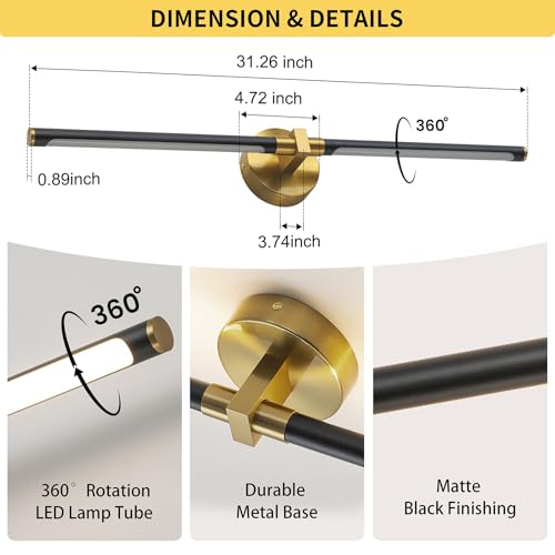 Image of 31 inch Black and Gold Vanity Light, Bathroom Lighting Fixtures Over Mirror, 360 Rotatable LED Brushed Gold and Black Vanity Lights for Bathroom Lights,18W 4000K Modern Vanity Light Bar for Bedroom