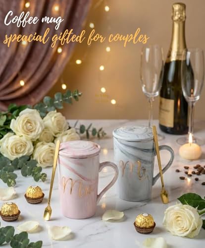 Buy AVAKHYA Mr and Mrs Coffee Mug Set - Marble Ceramic Couple Mugs with Lids and Golden Spoons - Elegant Wedding Gift Box Set for Couples, Engagement, Anniversary, Bride and Groom (Pink & Grey) Online at Low Prices in India - Amazon.in - Image 4