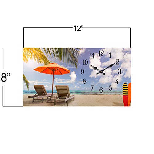 Wall Clock Glass Beach Chairs Decorative 8"x12 Inch Beach Theme Perfect Decor For Kitchen Bathroom Office Battery Operated Clocks Great Nautical Theme For Bedroom Ocean Decoration Ticking Tropical - Image 2