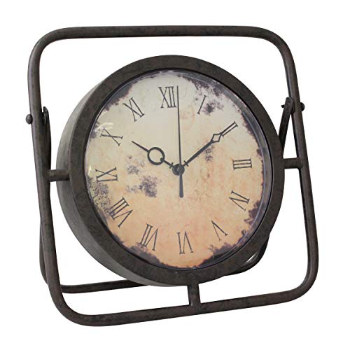 Stonebriar Battery Operated 10 Inch Decorative Rustic Industrial Metal Table Top Clock with Roman Numerals and Easel, Brown