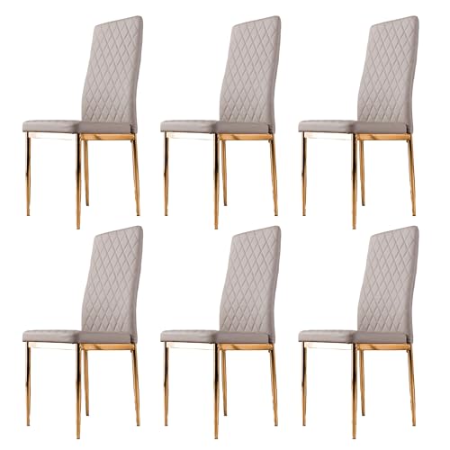 Furniturebox UK Dining Chairs - Milan Modern Stylish Gold Hatched Diamond Faux Leather Dining Seats Set (6x Cappuccino Grey Milan Gold Chairs)