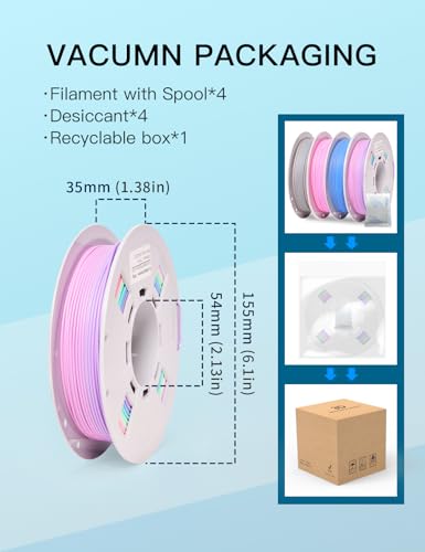 Image of PINBALL Matte Rainbow PLA 3D Printer Filament 1.75mm, Matte Surface Multicolor PLA Filament 1.75mm, 250g Spool, 4 Rolls, Blue-Brown+Blue-White+Red-Purple+Matte Rainbow Color
