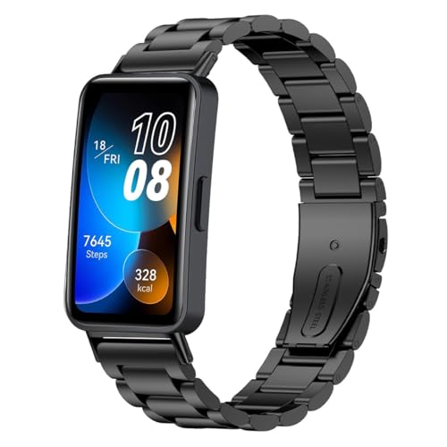 SKEIDO Stainless Steel Watch Strap for Huawei Band 10 Adjustable Smartwatch Replacement Bracelet Wristbands for Huawei Band 10/9/8 Women Men (Black)