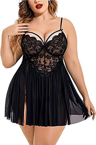 Image of Beautiful Creations Womens Plus Size Lace Floral Knee Length Babydoll Nightwear Set with G-String Panty