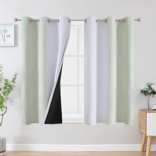 Estelar Textiler Sage Green and Greyish White Ombre Blackout Curtains 54 Inch Length 2 Panels, Full Room Darkening Drapes for Kitchen, Thermal Insulated Grommet Short Curtains for Bedroom,42Wx54L