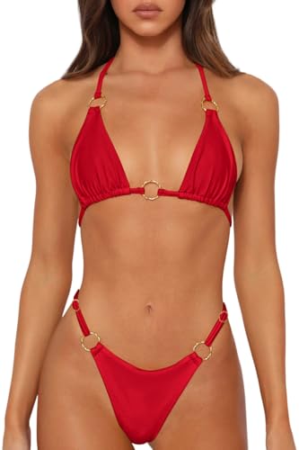 Image of MIKETAI Sexy Bikinis for Women 2 Piece Bikini Spaghetti Strap Swimsuits Solid Color Bathing Swimwear Triangle Bathing Suit
