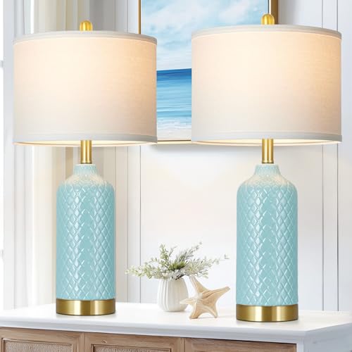 luxeflow 26“ Aqua Blue Ceramic Table Lamps Set of 2, Coastal Ceramic Lamps for Bedroom, Modern Bedside Lamp for Living Room, Elegant Farmhouse Nightstand Lamp for Desk Side End Table Home Decor