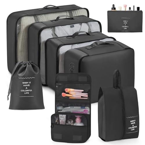 Image of Porslin Luggage Organiser Bags for Travel 8-Set Packing Cubes and Cloth Organizer for Travel, Clothes Organizer Bag | Shoe Bag, Toiletry Bag & Laundry Pouch, Durable Packing Bags for Travelling
