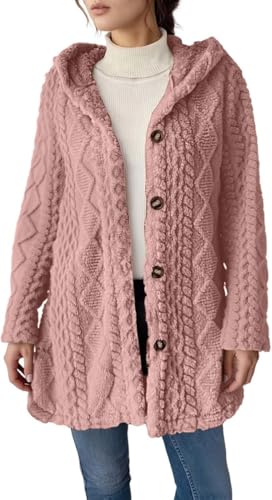 Women Button Up Open Front Cardigan Long Sweaters Fall Winter Oversized Hooded Outerwear Casual Sherpa Jacket Coat (Pink,Large)