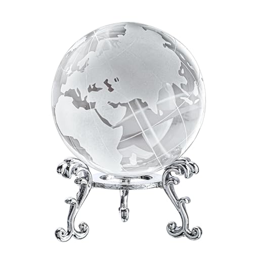 60mm World Globe Crystal Earth Ball Paperweight with Stand Glass Sphere Display Globe Ball Christmas Decor for Home Office Desk