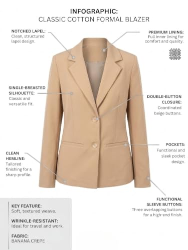 Image of modny Women's Formal Cotton Blazer | Single-Breasted, Button Closure, Long Sleeves Blazer for Girls | Professional Outfit for Office & Meetings