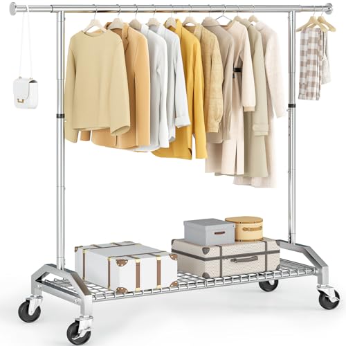 Wiracks Clothes Rack Clothing Rack for Hanging Clothes 350lbs Heavy Duty Coat Rack 51 to 71" W x 16.53" D x 65" to 71" H Adjustable Rolling Clothes Rack Garment Rack 3" industrial Wheels